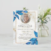Invitation Blue Foliage Photo moderne Célébration de la vie (Debout devant)