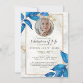 Invitation Blue Foliage Photo moderne Célébration de la vie (Devant)