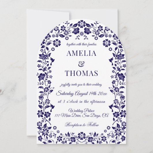 Invitation Blue Folk Art Floral Wedding  (Devant)