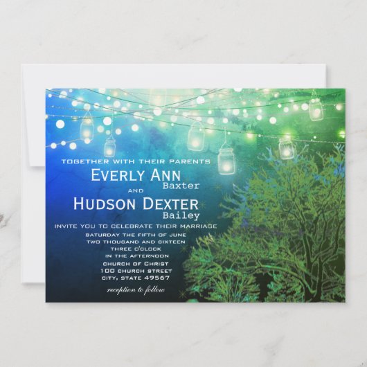 Invitation Blue Forest Mason Jar Fairy Lights Mariage (Devant)