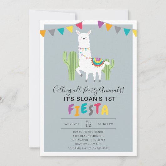 Invitation Blue Fun Llama Fête Anniversaire (Devant)