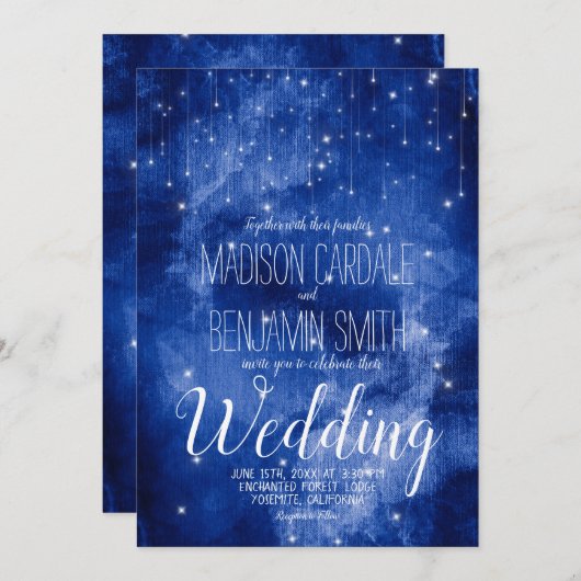 Invitation Blue Galaxy Celestiy Stars Fairy Lights Mariage (Devant / Derrière)