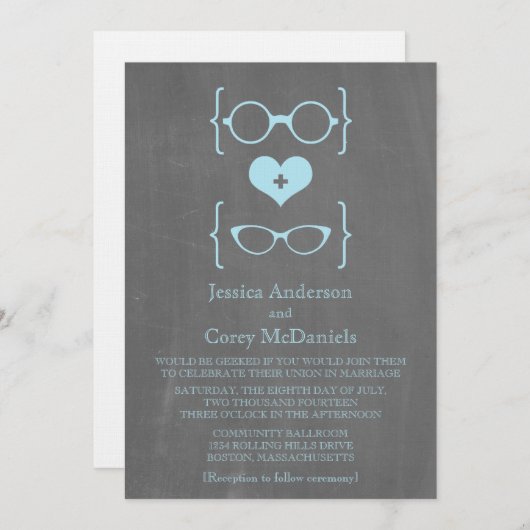 Invitation Blue Geeky Lunettes Chalkboard Mariage Inviter (Devant / Derrière)