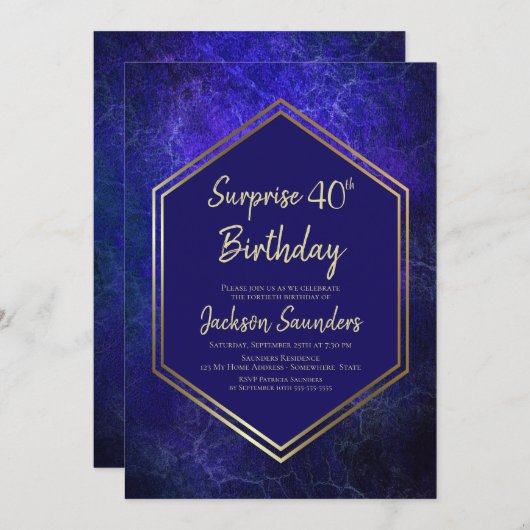 Invitation Blue Geometry Surprise 40e anniversaire (Devant / Derrière)