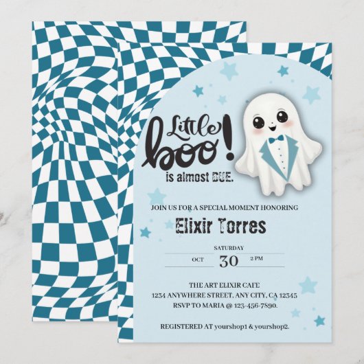 Invitation Blue Ghost Little Boo est presque dû Baby shower (Devant / Derrière)