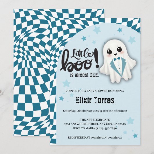 Invitation Blue Ghost Little Boo est presque dû Baby shower (Devant / Derrière)
