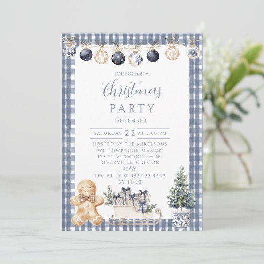 Invitation Blue Gingerbread Gingham Christmas (Debout devant)