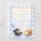 Invitation Blue Gingham Baby Q Baby Shower (Devant)