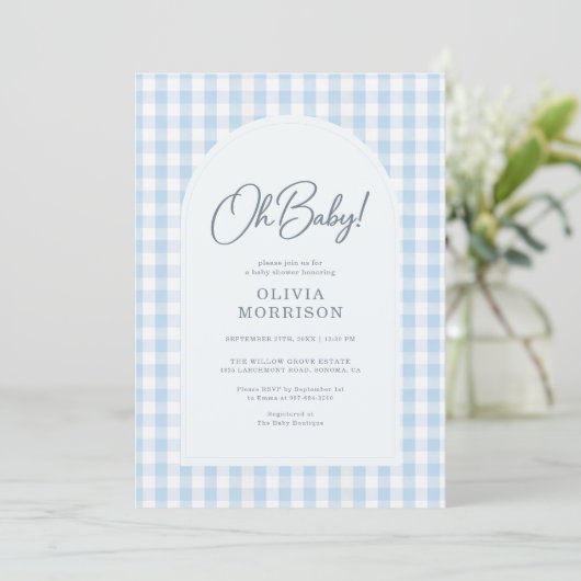Invitation Blue Gingham Baby Shower (Debout devant)