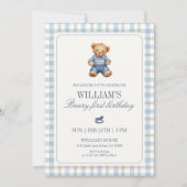 Invitation Blue Gingham Beary First Birthday Boy Teddy Bear (Devant)