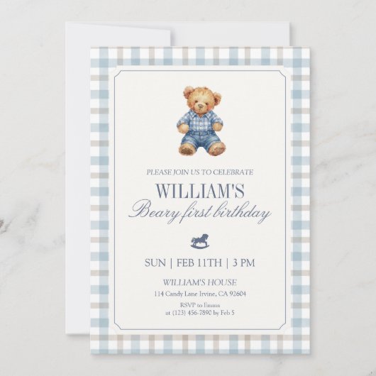 Invitation Blue Gingham Beary First Birthday Boy Teddy Bear  (Devant)
