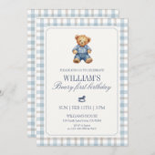 Invitation Blue Gingham Beary First Birthday Boy Teddy Bear (Devant / Derrière)
