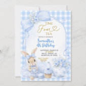 Invitation Blue Gingham Bow Bunny Tea Party Fourth Birthday (Devant)
