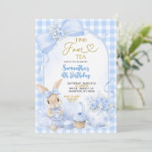 Invitation Blue Gingham Bow Bunny Tea Party Fourth Birthday (Debout devant)