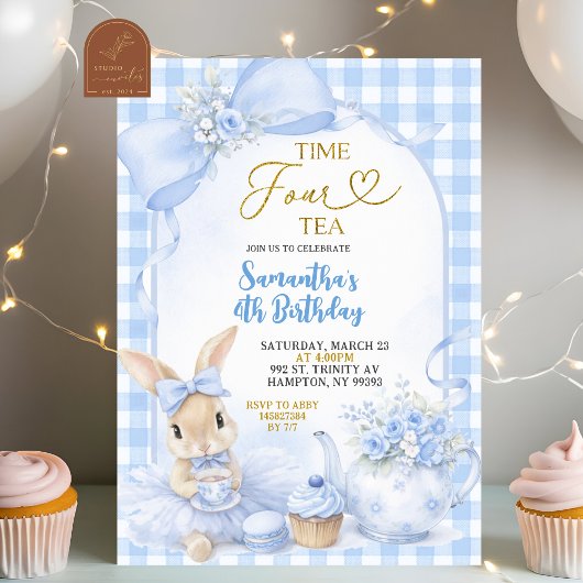 Invitation Blue Gingham Bow Bunny Tea Party Fourth Birthday
