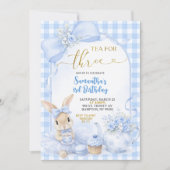 Invitation Blue Gingham Bow Bunny Tea Party Third Birthday (Devant)