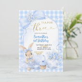 Invitation Blue Gingham Bow Bunny Tea Party Third Birthday (Debout devant)