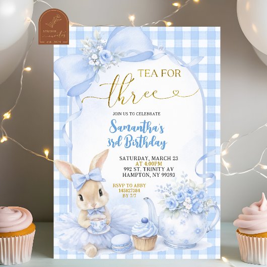 Invitation Blue Gingham Bow Bunny Tea Party Third Birthday