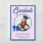 Invitation Blue Gingham Bow Photo Graduation Party (Devant)