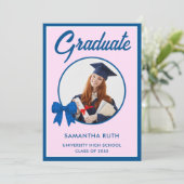 Invitation Blue Gingham Bow Photo Graduation Party (Debout devant)