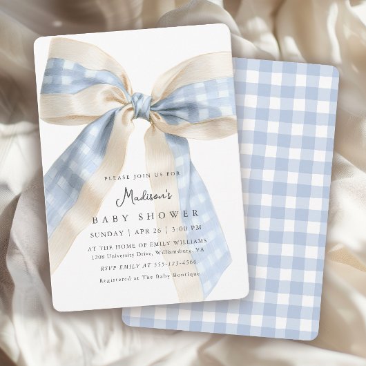 Invitation Blue Gingham Checks Bow Cute Baby Shower