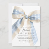 Invitation Blue Gingham Checks Bow Cute Baby Shower (Devant)
