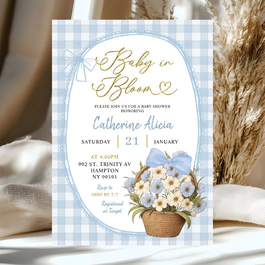 Invitation Blue Gingham Coquette Baby in Bloom Baby Shower