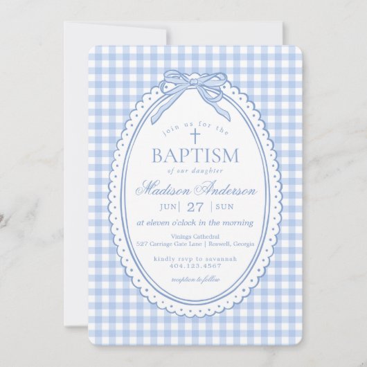 Invitation Blue Gingham Coquette Bow Baptism (Devant)