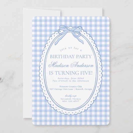 Invitation Blue Gingham Coquette Bow Birthday Party (Devant)