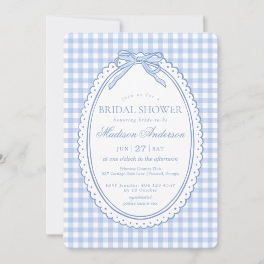 Invitation Blue Gingham Coquette Bow Bridal Shower (Devant)