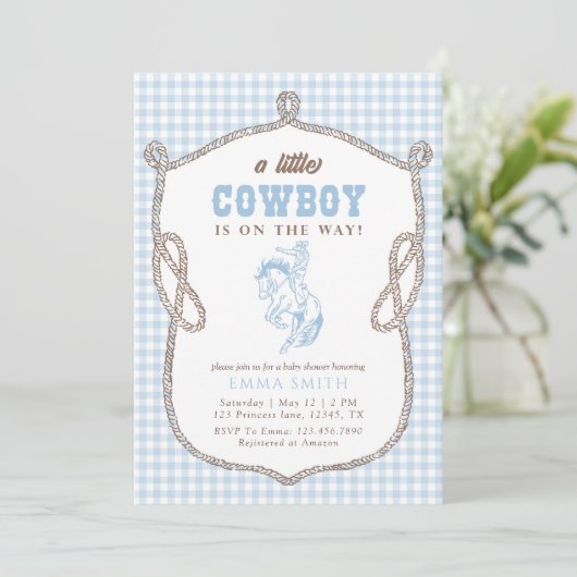 Invitation Blue Gingham Cowboy Baby Shower Vintage Preppy (Debout devant)