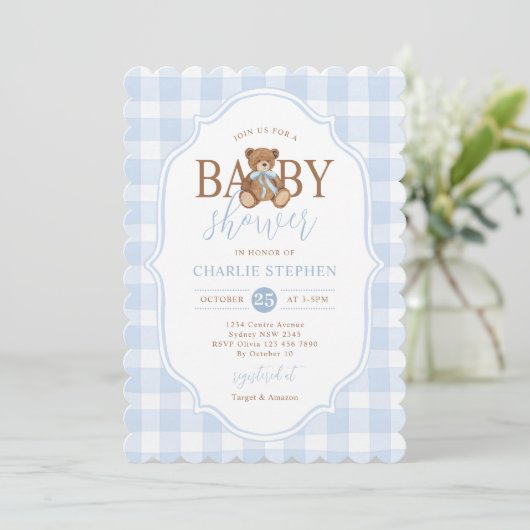 Invitation Blue Gingham Elegant Teddy Bear Baby Shower (Debout devant)