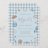 Invitation Blue Gingham First Rodeo Wild West Birthday (Devant / Derrière)