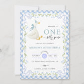 Invitation Blue Gingham Floral One Silly Goose 1st Birthday (Devant)