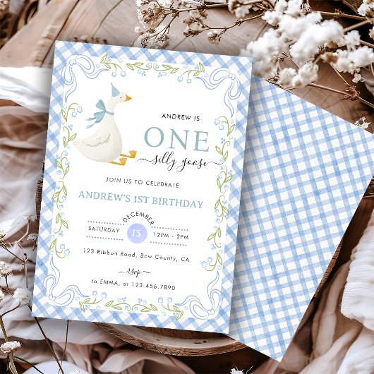 Invitation Blue Gingham Floral One Silly Goose 1st Birthday