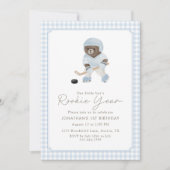 Invitation Blue Gingham Hockey Rookie Year Teddy Bear 1st (Devant)