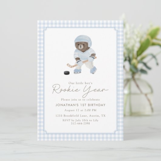 Invitation Blue Gingham Hockey Rookie Year Teddy Bear 1st (Debout devant)