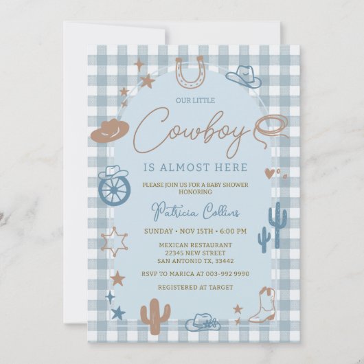 Invitation Blue Gingham Little Cowboy Wild West Baby Shower (Devant)
