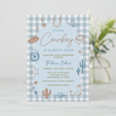 Invitation Blue Gingham Little Cowboy Wild West Baby Shower (Debout devant)