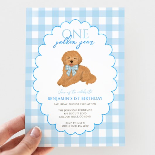 Invitation Blue Gingham One Golden Year 1st Birthday Puppy