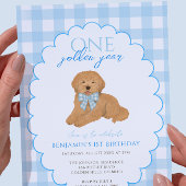 Invitation Blue Gingham One Golden Year 1st Birthday Puppy