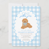 Invitation Blue Gingham One Golden Year 1st Birthday Puppy (Devant)