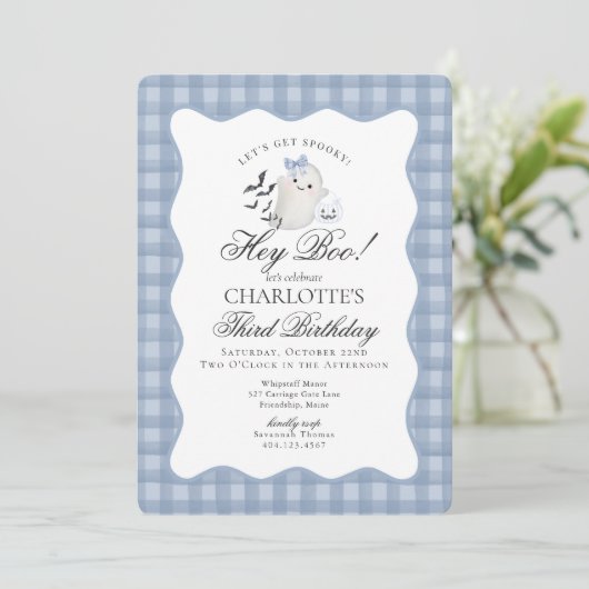 Invitation Blue Gingham Preppy Ghost Hey Boo Birthday (Debout devant)