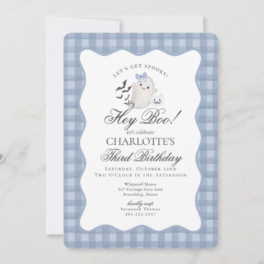 Invitation Blue Gingham Preppy Ghost Hey Boo Birthday (Devant)