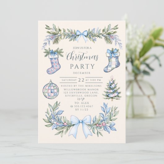 Invitation Blue Gingham Stocking Christmas (Debout devant)