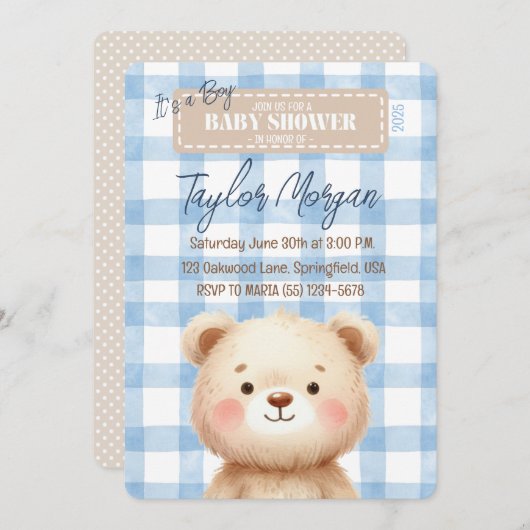 Invitation Blue Gingham Teddy Bear (Devant / Derrière)