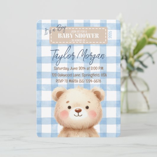 Invitation Blue Gingham Teddy Bear (Debout devant)