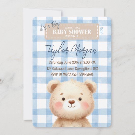 Invitation Blue Gingham Teddy Bear (Devant)