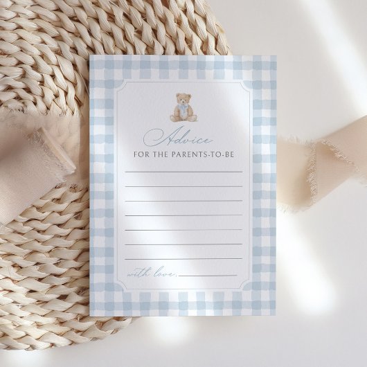 Invitation Blue Gingham Teddy Bear Baby Shower Advice Card