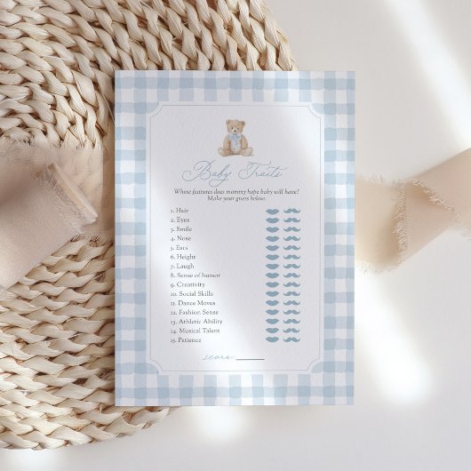 Invitation Blue Gingham Teddy Bear Baby Traits Game